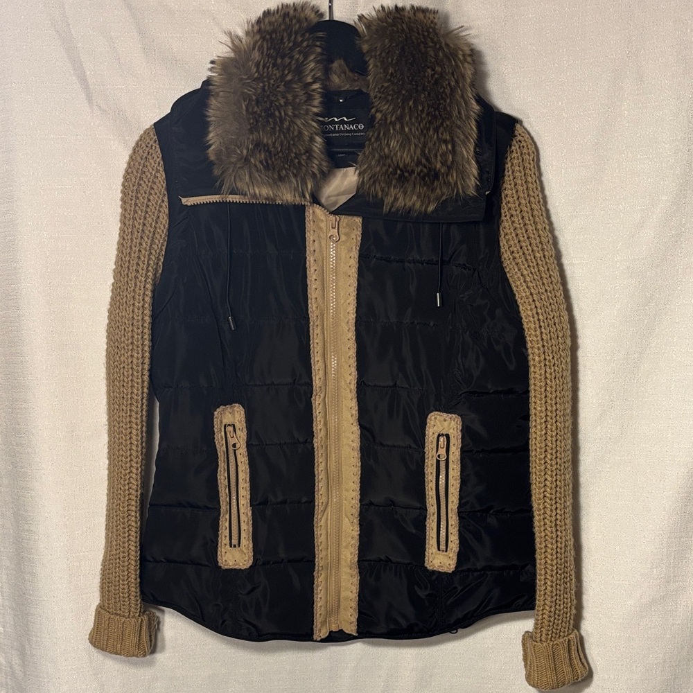 Women's Black and Tan Puffer Vest with Faux Fur Collar